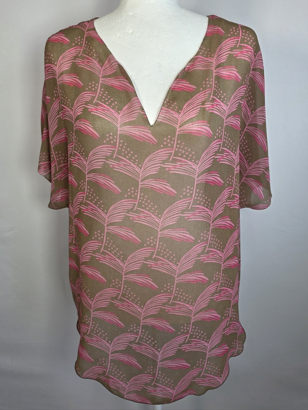 Rachel Roy Sheer Blouse Pink Brown Leaf Print V Neck Flowy Boho Top Size S